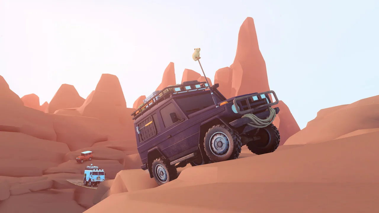 Purple 4x4 with a coiled winch rope and a mascot antenna tilting up a steep red rock ledge as two cars follow below