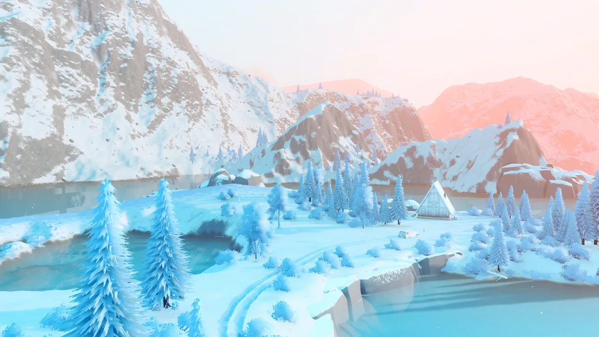 A small white cabin sits beside a frozen lake beneath snow-covered mountains and fir trees