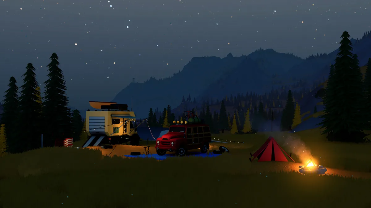 A red 4x4 and camper sit beside a lit tent and campfire under a starry mountain sky