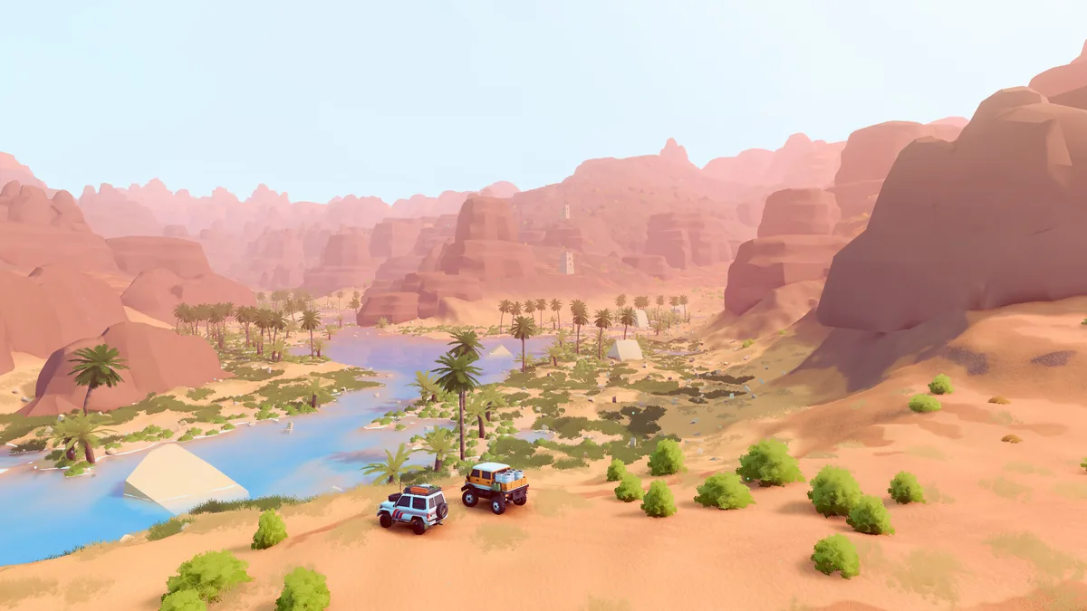 Two off-road trucks beside an oasis among desert cliffs and palm trees