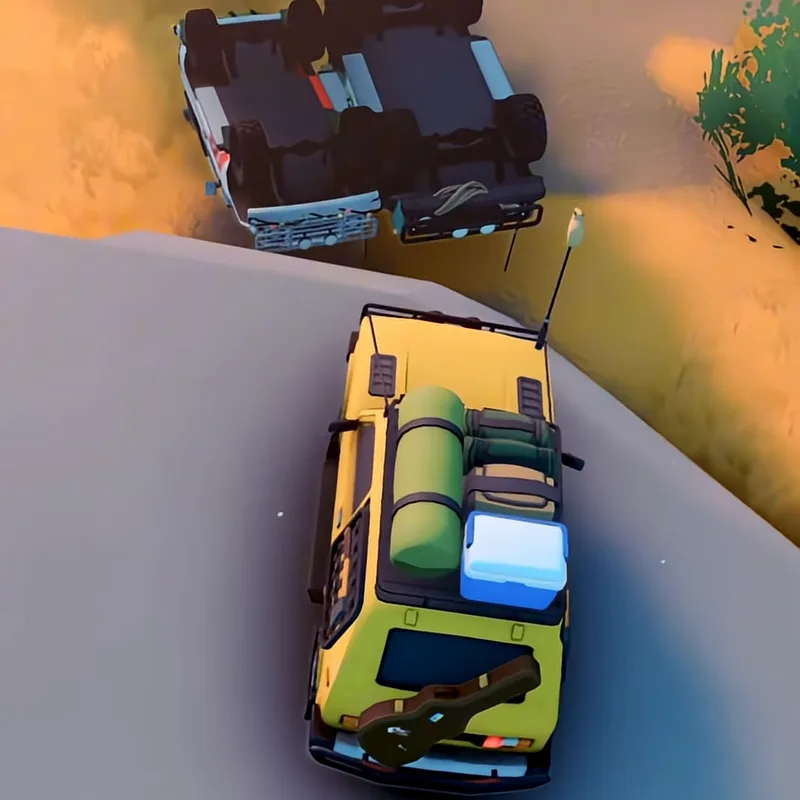 Two off-road trucks lying on their roofs in orange grass below a rocky ledge, a yellow 4x4 with roof cargo stopped above them