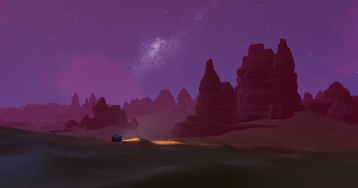 A lone truck with its headlights on crosses dark desert dunes below red rock towers and a purple night sky