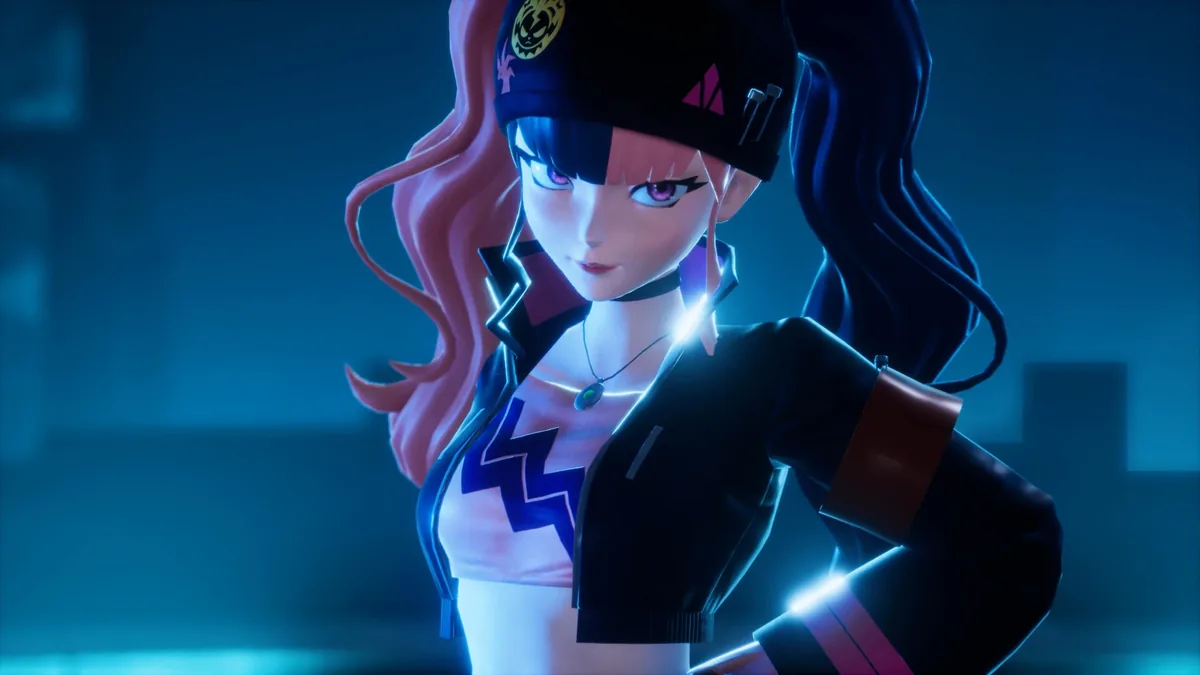 Close-up portrait of the player character, blue-haired with a teal gemstone forehead marking and armored shoulder pauldrons