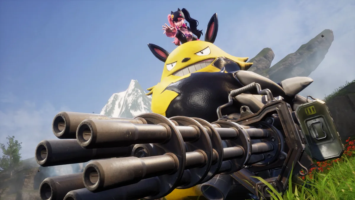 A player rides a massive yellow and black Pal while firing a mounted minigun turret, snowy mountains in the background