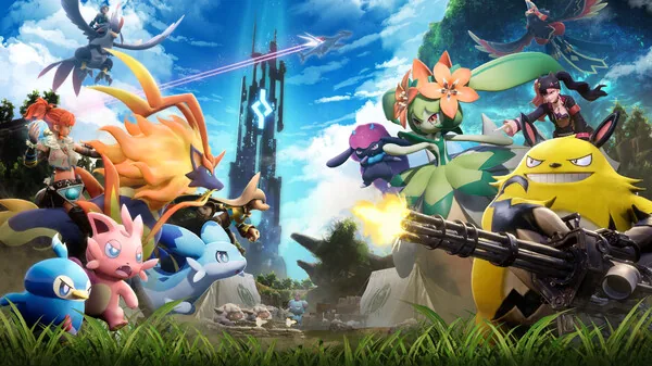 Palworld launch key art showing a player and colorful Pals facing a large yellow Pal with a mounted gun beneath a bright blue sky