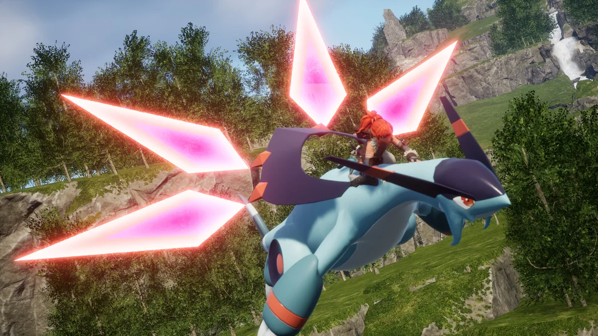 A rider on a winged Pal fires a pink crystal shard attack over grassy hills with a stone ruin and waterfall in the background