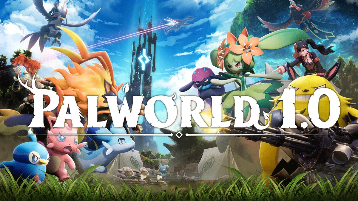 Palworld logo over official artwork with flying Pals, a base camp, and an armed Pal