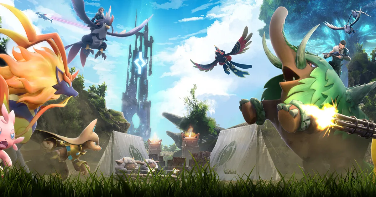 Colorful Pals surround camp tents as a green horned Pal fires a minigun under blue skies