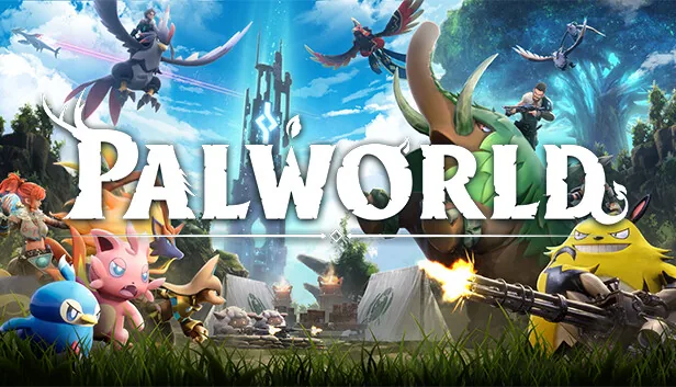 Official Palworld key art shows Pals, a camp, flying mounts, and a minigun-wielding Pal