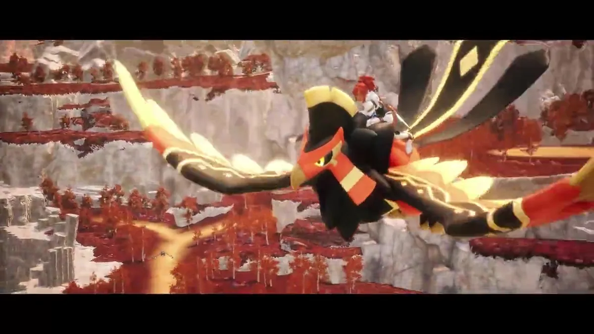 A rider on an orange and black bird-type Pal glides low over a canyon lined with red-leafed trees and pale rock formations