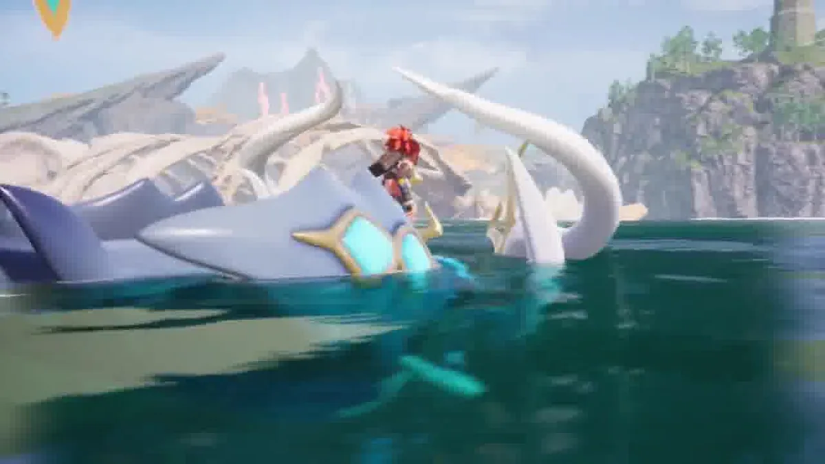 A rider stands atop a large pale serpentine sea creature crossing open water near a rocky coastline with a stone tower in the distance