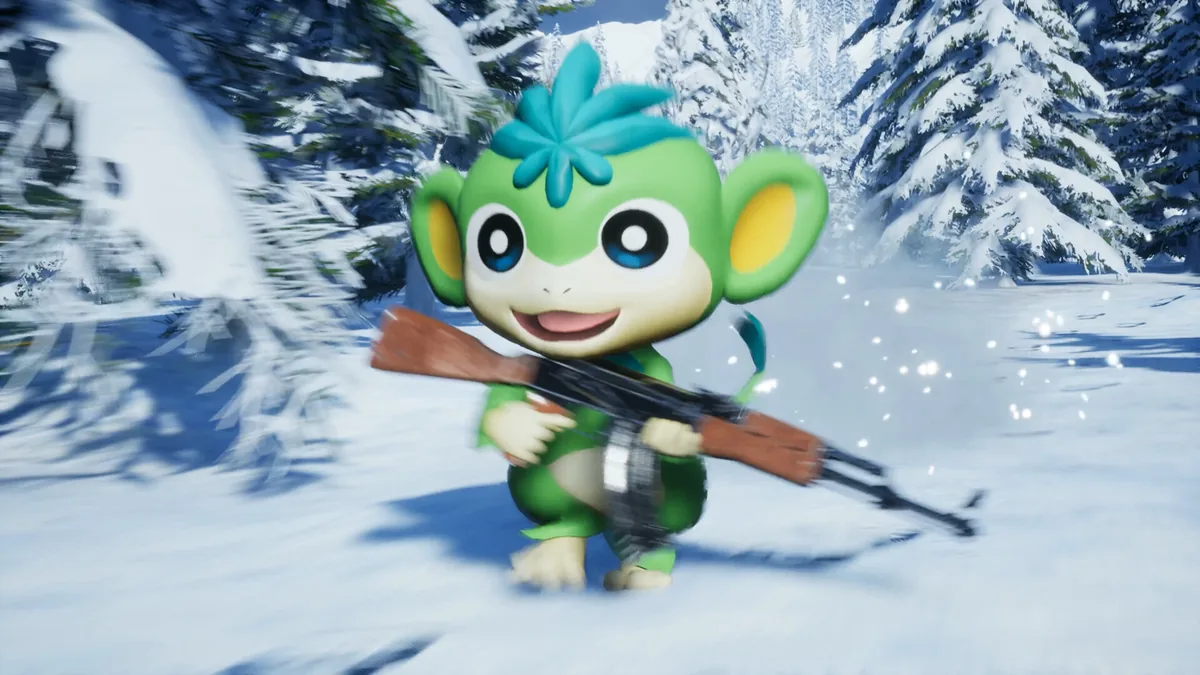 A small green monkey-type Pal carrying an assault rifle runs through a snowy pine forest