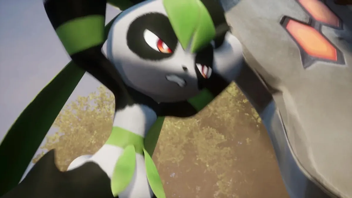 A close-up cinematic shot of a black-and-white Pal with green highlights and red eyes, its face turned toward the camera