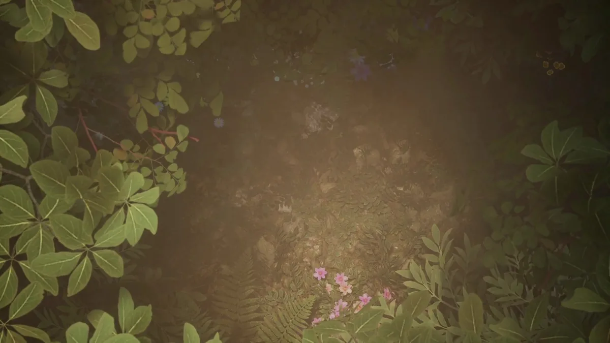 A dense, sunlit cluster of green leaves and pink wildflowers from a Palworld cinematic trailer shot, with soft light filtering through the foliage