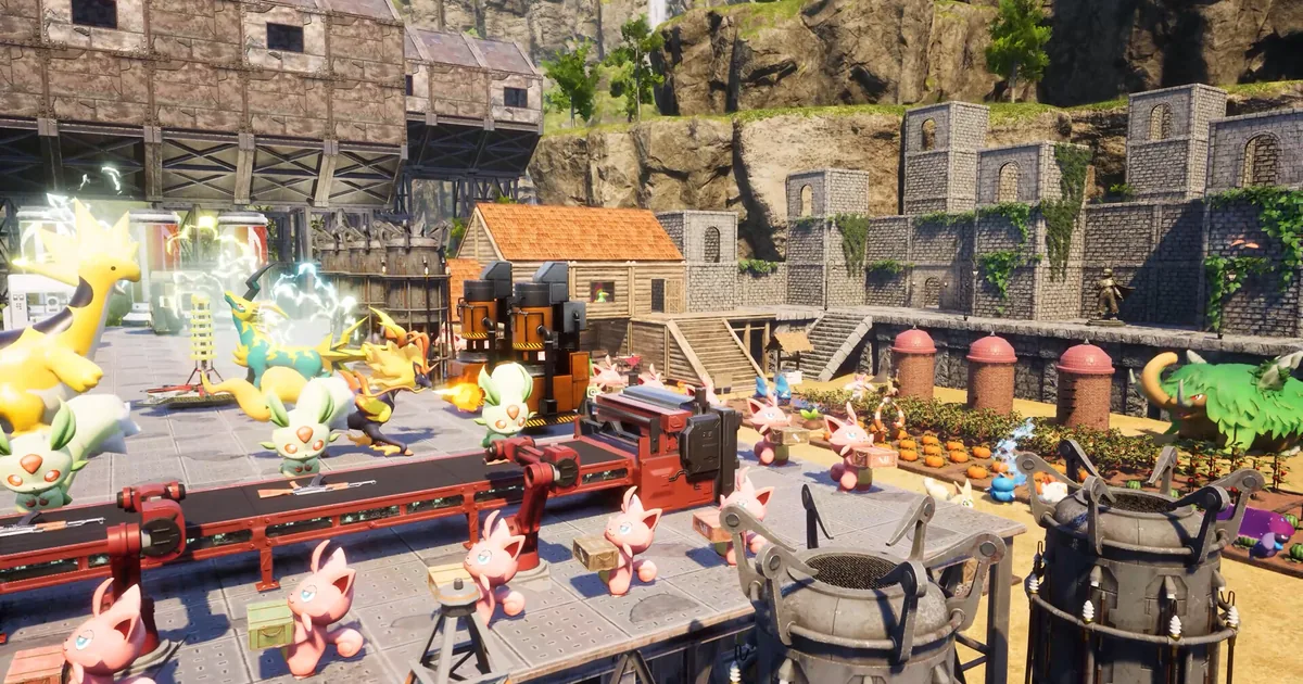 Dozens of small Pals work a conveyor-belt line inside a walled Palworld base, wooden towers and stone ramparts behind them