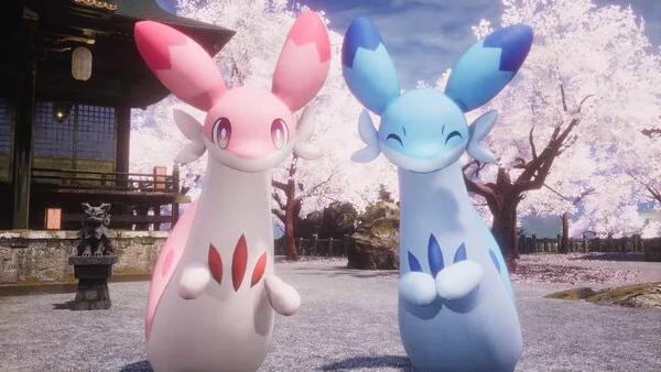 Two axolotl-shaped Pals, one pink and one blue, stand together in front of a shrine building under blooming cherry blossoms