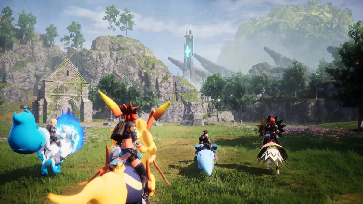 Four riders on mounted Pals approaching an overgrown stone ruin with a second Tower visible glowing between distant rock formations