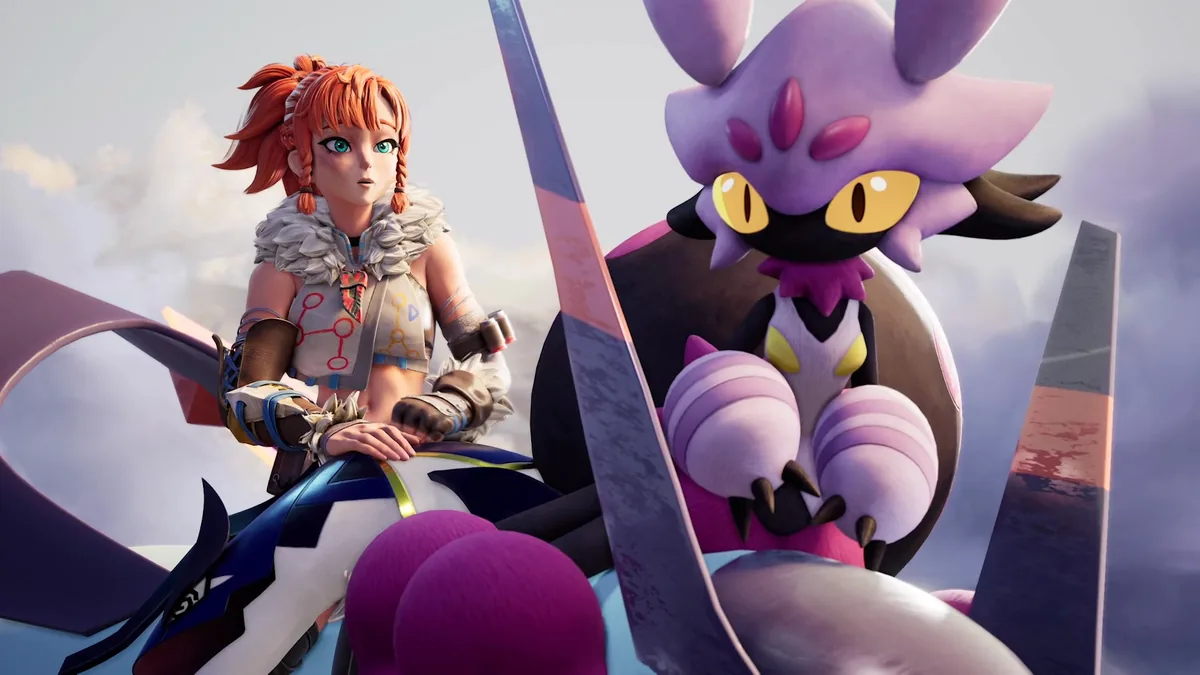 A cinematic shot of an orange-braided character riding beside a large purple, spiny-eared Pal with clawed pink limbs, set against a cloudy sky