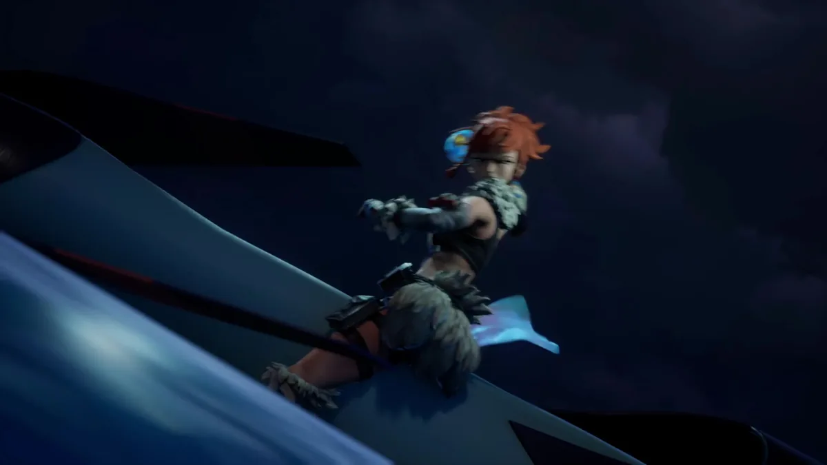 A cinematic shot of an orange-haired character crouched on a large wing-shaped surface against a dark night sky