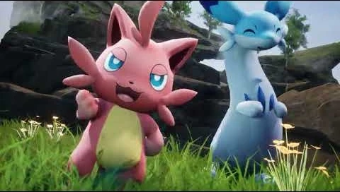 A pink spiky-eared Pal and a pale blue upright Pal stand together in a sunlit wildflower meadow near a rocky outcrop