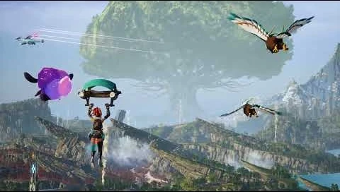 A tamer airlifted by two held Pals glides over a canyon settlement of tents and platforms, a massive tree towering on the horizon as two winged Pals fly past