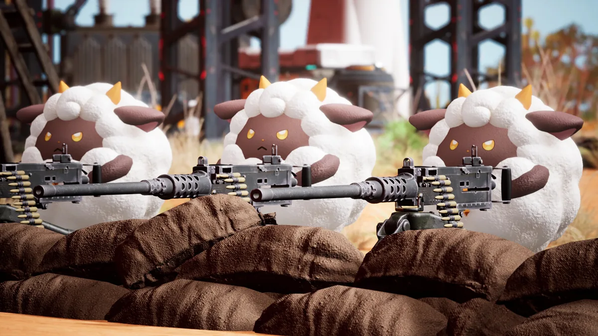 Three wool-covered sheep Pals man mounted machine guns behind sandbag barricades at an industrial outpost