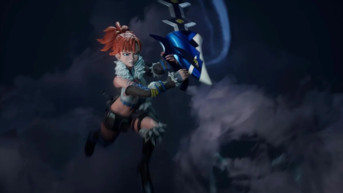 Red-haired character bracing a large blue-and-white device while airborne against a smoky backdrop
