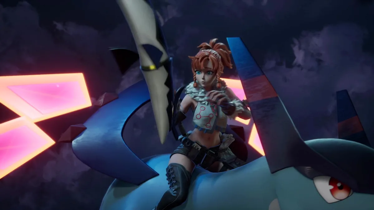 Red-haired character riding a large blue Pal through a dark scene with glowing geometric shapes