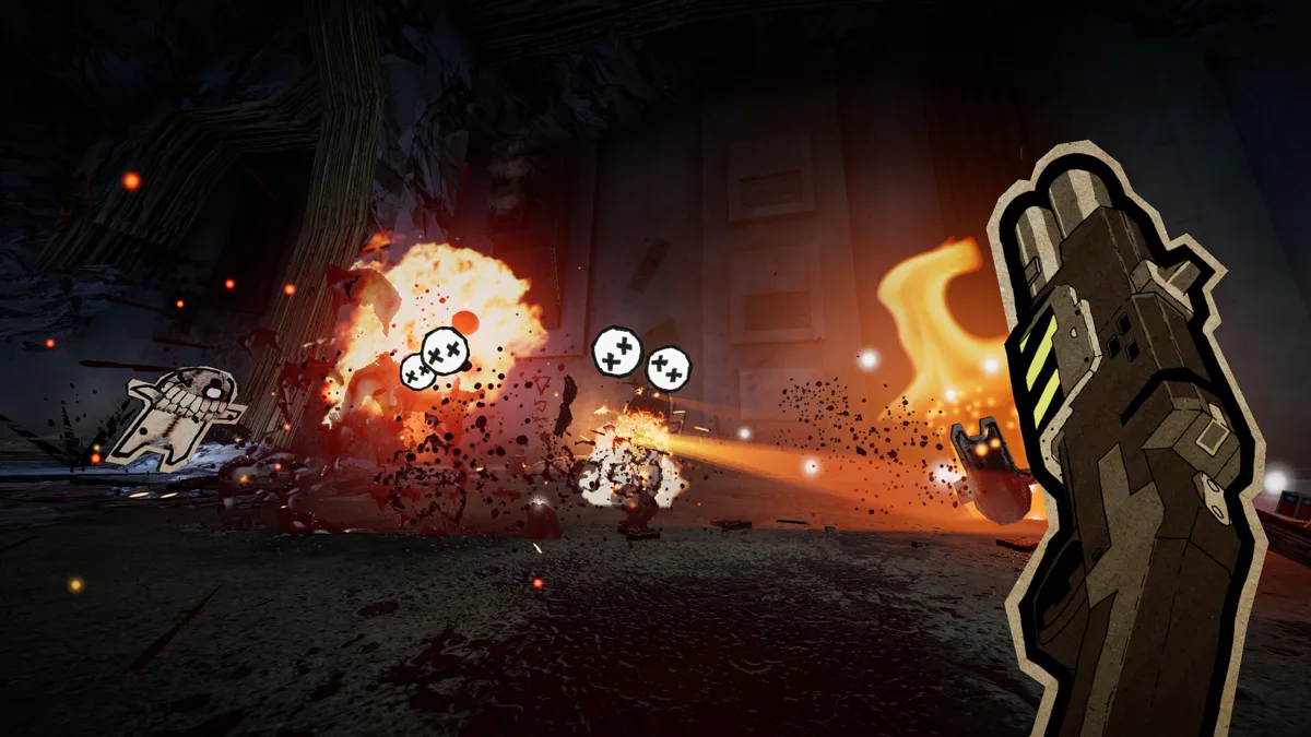 First-person view firing a boxy launcher as explosions throw cartoon paper enemies and debris across a dark facility