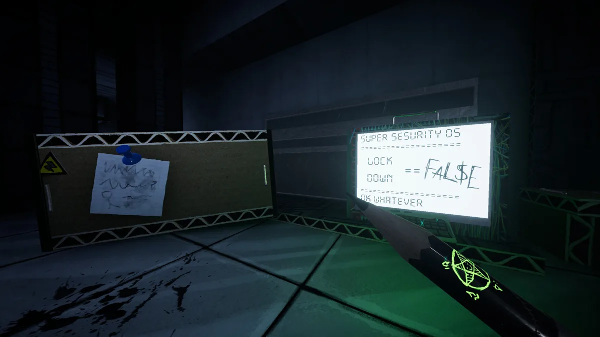 First-person view of a security terminal reading Lock Down FAL$E beside a pinned note, a pencil with a glowing green sigil in hand