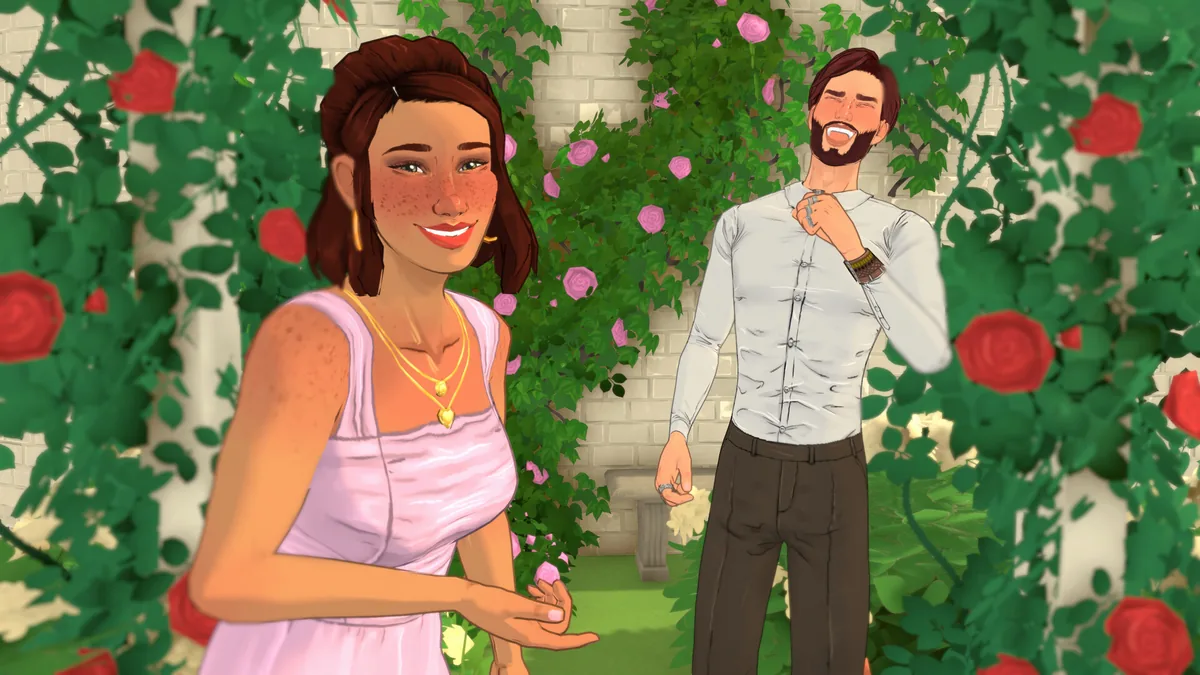 Two adult Paras laughing together in a rose-covered garden trellis