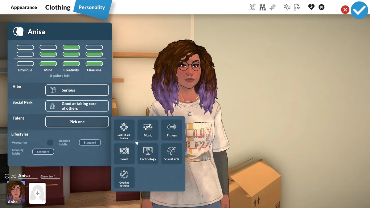 The Paramaker's Personality tab open on a Para named Anisa, with an unpacked moving box visible in the room behind her