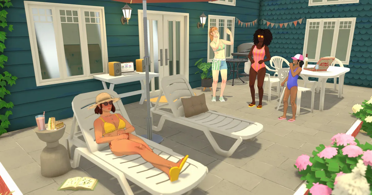 Parafolks relaxing on a sunny patio beside a teal house, lounge chairs, flowers, and a picnic table
