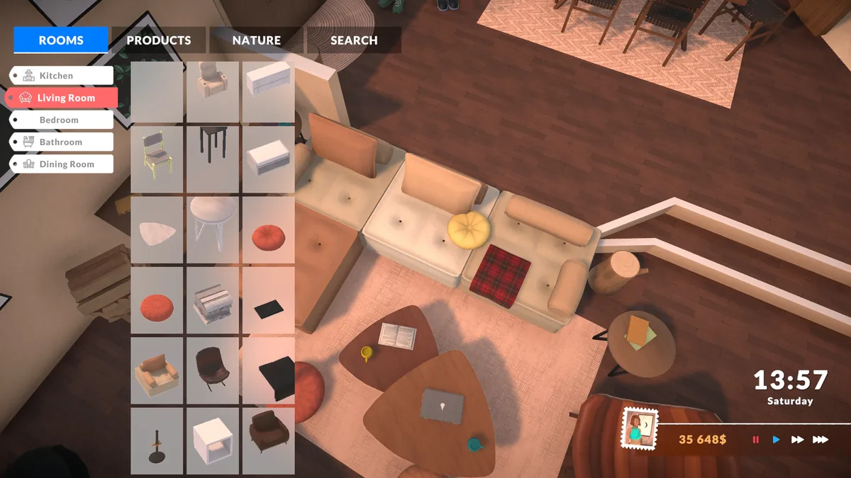Build Mode room catalog open over a furnished living room with sofas, tables, and a stair landing