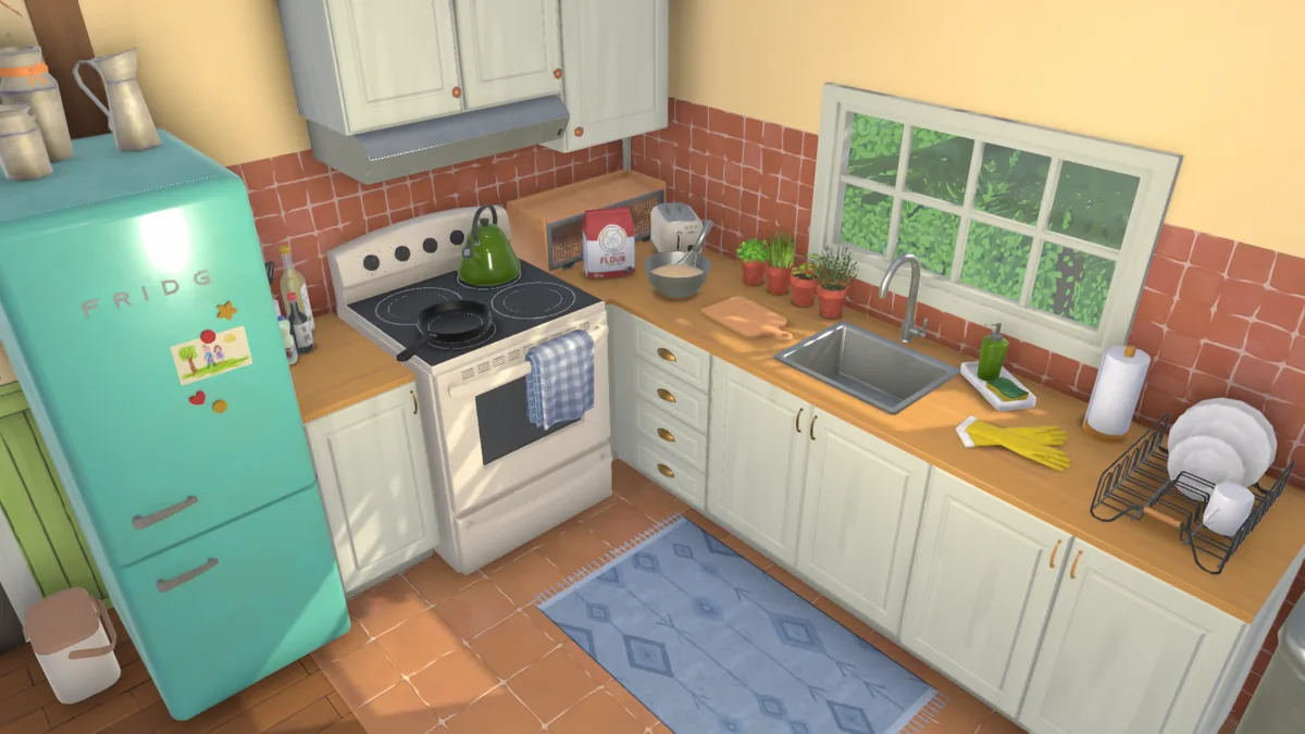 Bright kitchen with mint refrigerator, white cabinets, potted herbs, and red tile backsplash