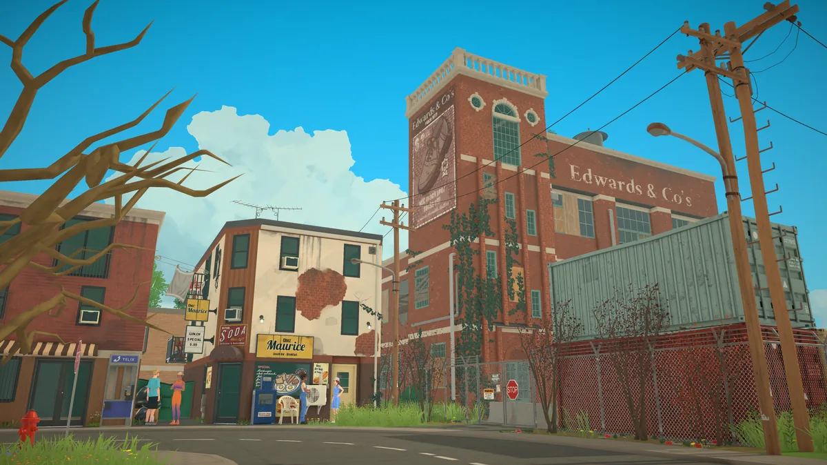 Paralives town street with Edwards and Co. brick building, storefronts, utility poles, and small pedestrians