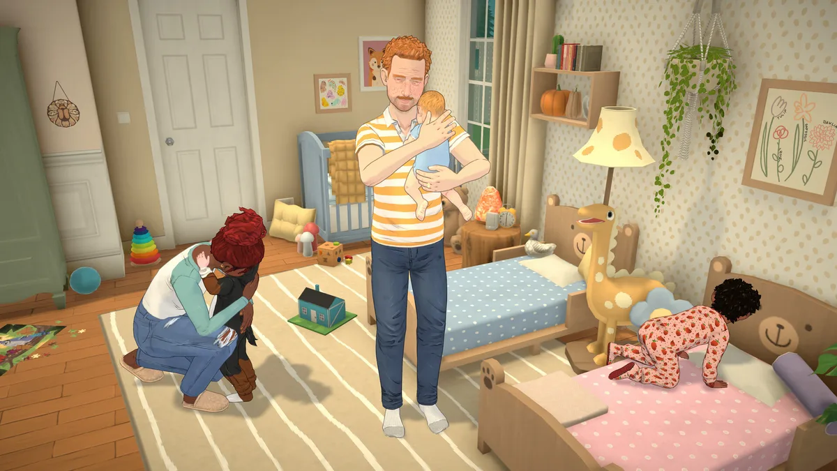 A Parafolk man cradling a baby in a Paralives nursery while a woman hugs a child and a toddler crawls across a bed