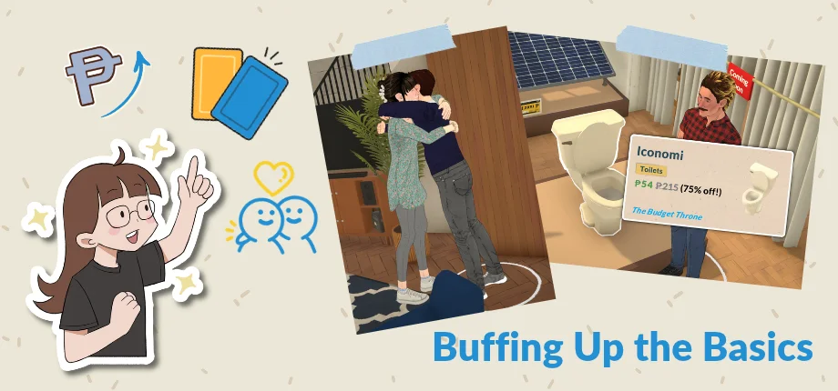 Two Paras hug in a living room while a discount price tag pops up over a toilet, beside cartoon developer art
