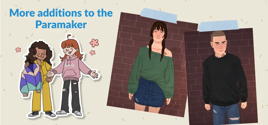 Two Paras in loose clothes, a green off-shoulder sweater and a black sweatshirt, next to cartoon figures under a Paramaker heading