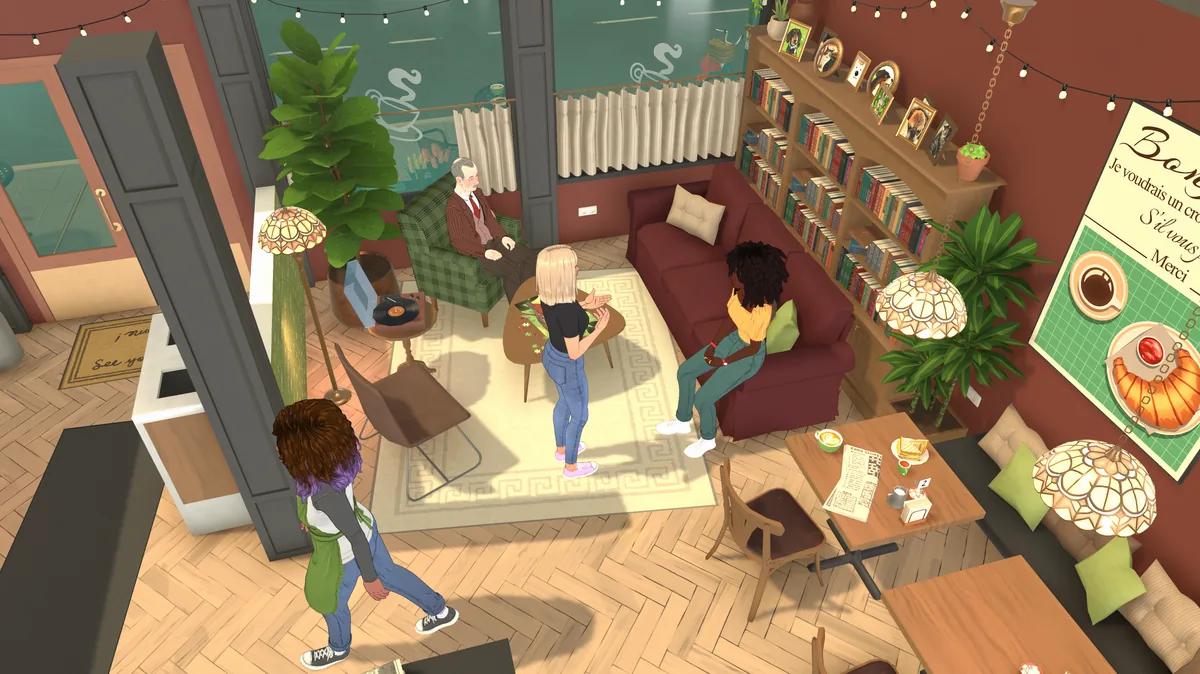 A Paralives town street with a flower shop, a barbershop, and several Parafolks browsing outside, official key art