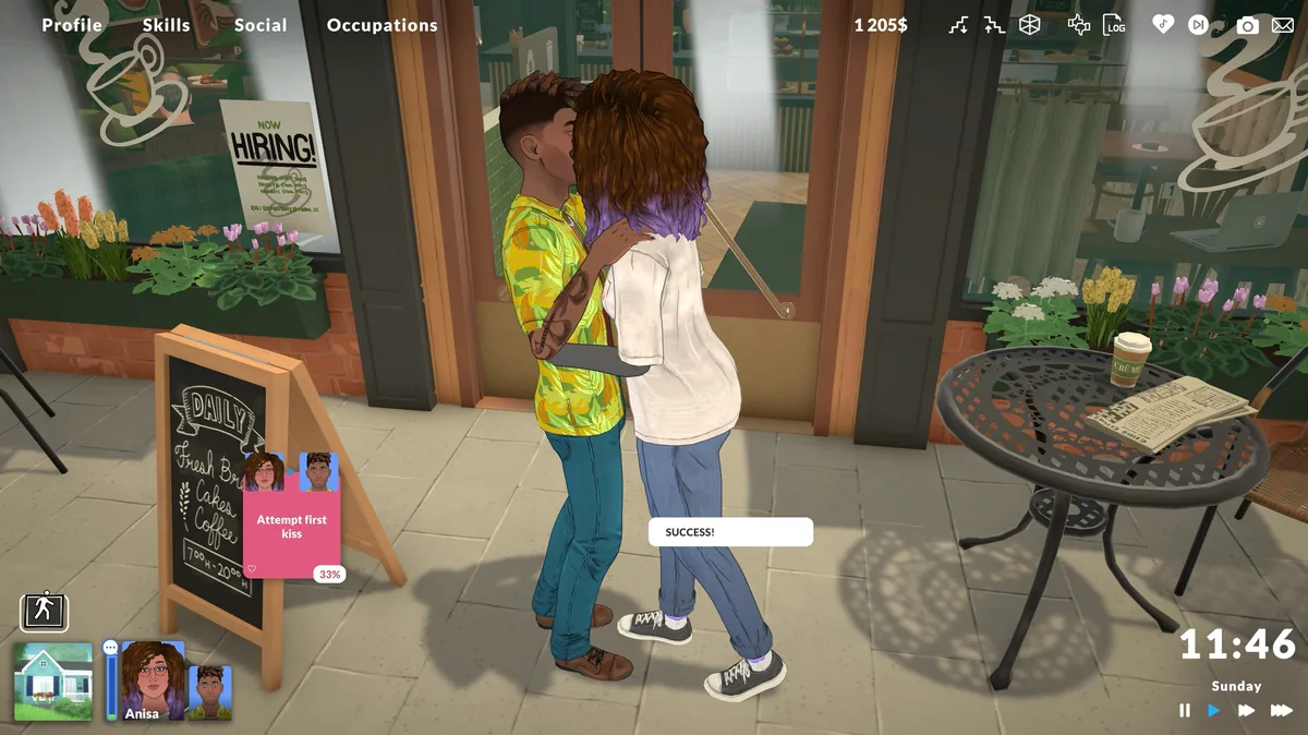Paralives Live Mode UI at a coffee shop, showing the Profile/Skills/Social/Occupations menu bar and a household funds counter