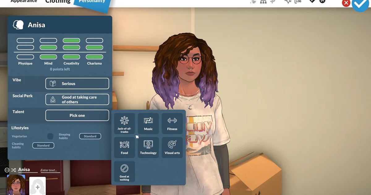 Paralives Paramaker Personality tab open on a Para named Anisa, with Vibe, Social Perk, and Talent options visible and a moving box behind her