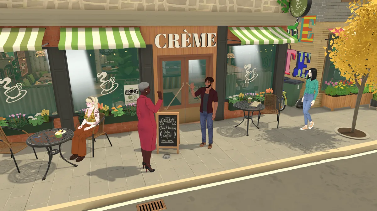 Parafolk chatting outside the Crème coffee shop, with a Now Hiring sign and outdoor café tables on a tree-lined street