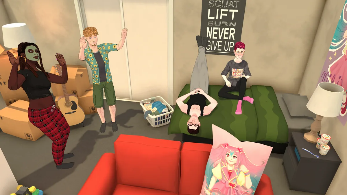 Four Parafolk in a shared bedroom with moving boxes, a guitar, and a green bed, one doing a handstand against the wall