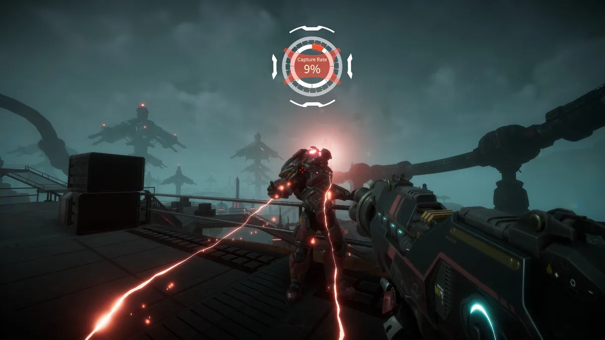 First-person view aiming a weapon at an armored enemy tethered by a red energy beam, with a HUD gauge reading Capture Rate 9 percent