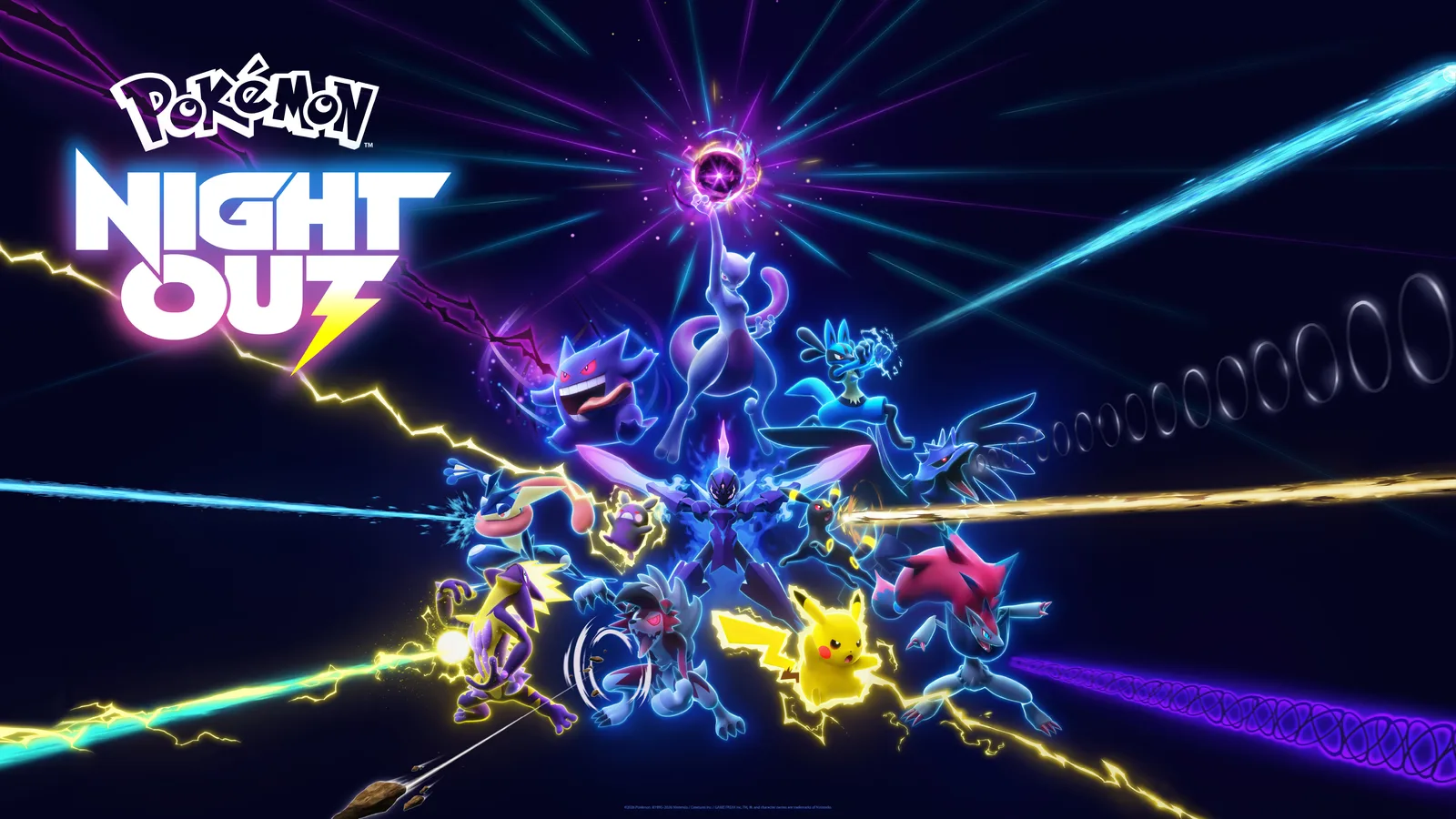 Pokémon Night Out key art: Mewtwo raises a glowing orb above Gengar, Lucario, Pikachu and Zoroark, all lit in neon under laser beams
