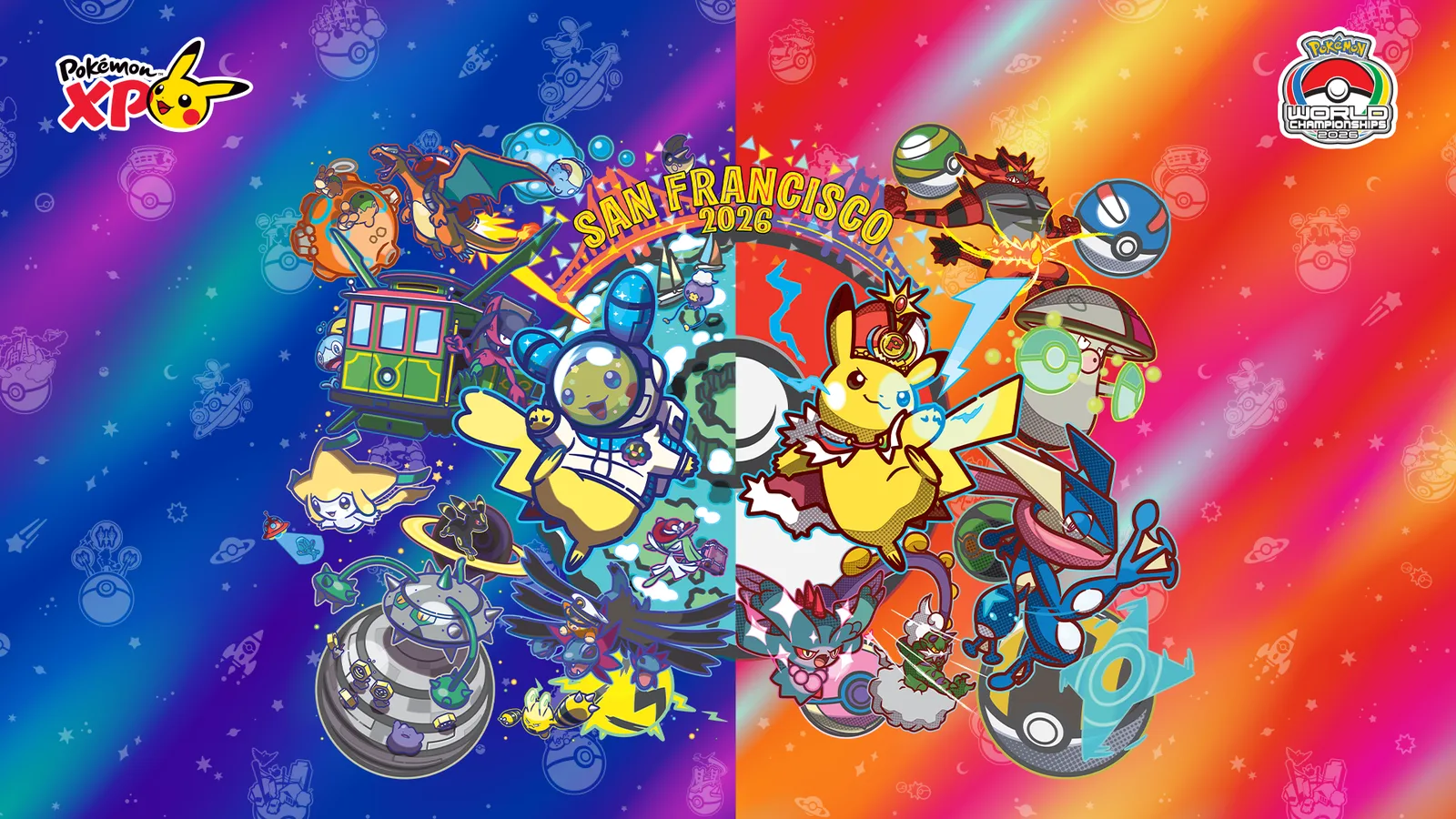 PokémonXP and 2026 World Championships art: a Pikachu in a space suit and a Pikachu in a champion's outfit under a San Francisco 2026 banner, with a cable car and Poké Balls around them