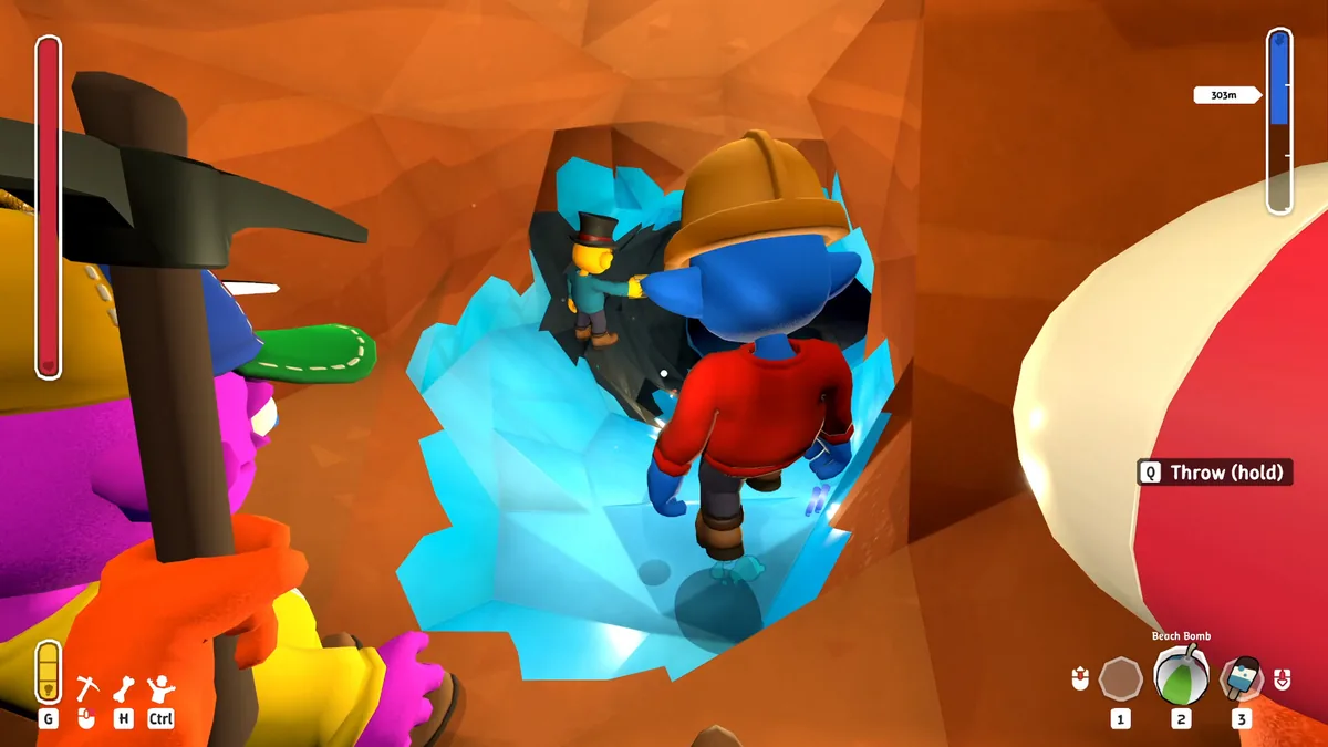 Two miners with pickaxes standing on wooden mine track supports deep in a cave, one wearing a mining helmet with a lit headlamp