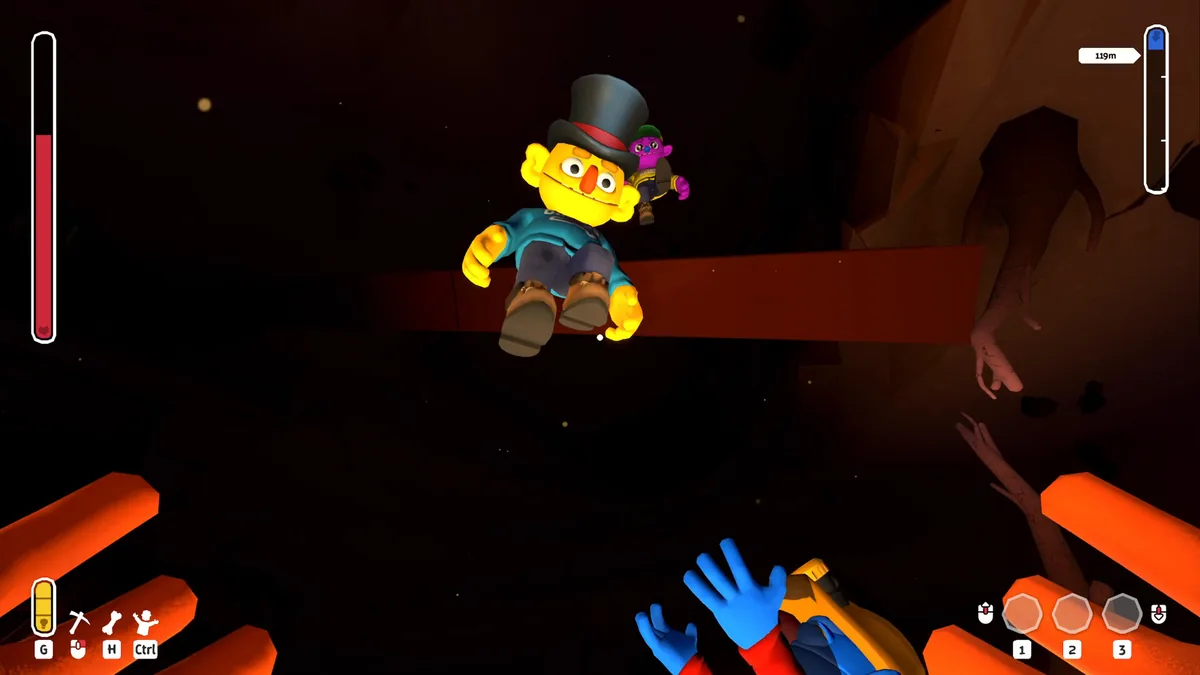 A yellow-hatted digger character mid-fall through a dark cave shaft next to a purple monster teammate, orange support beams visible below