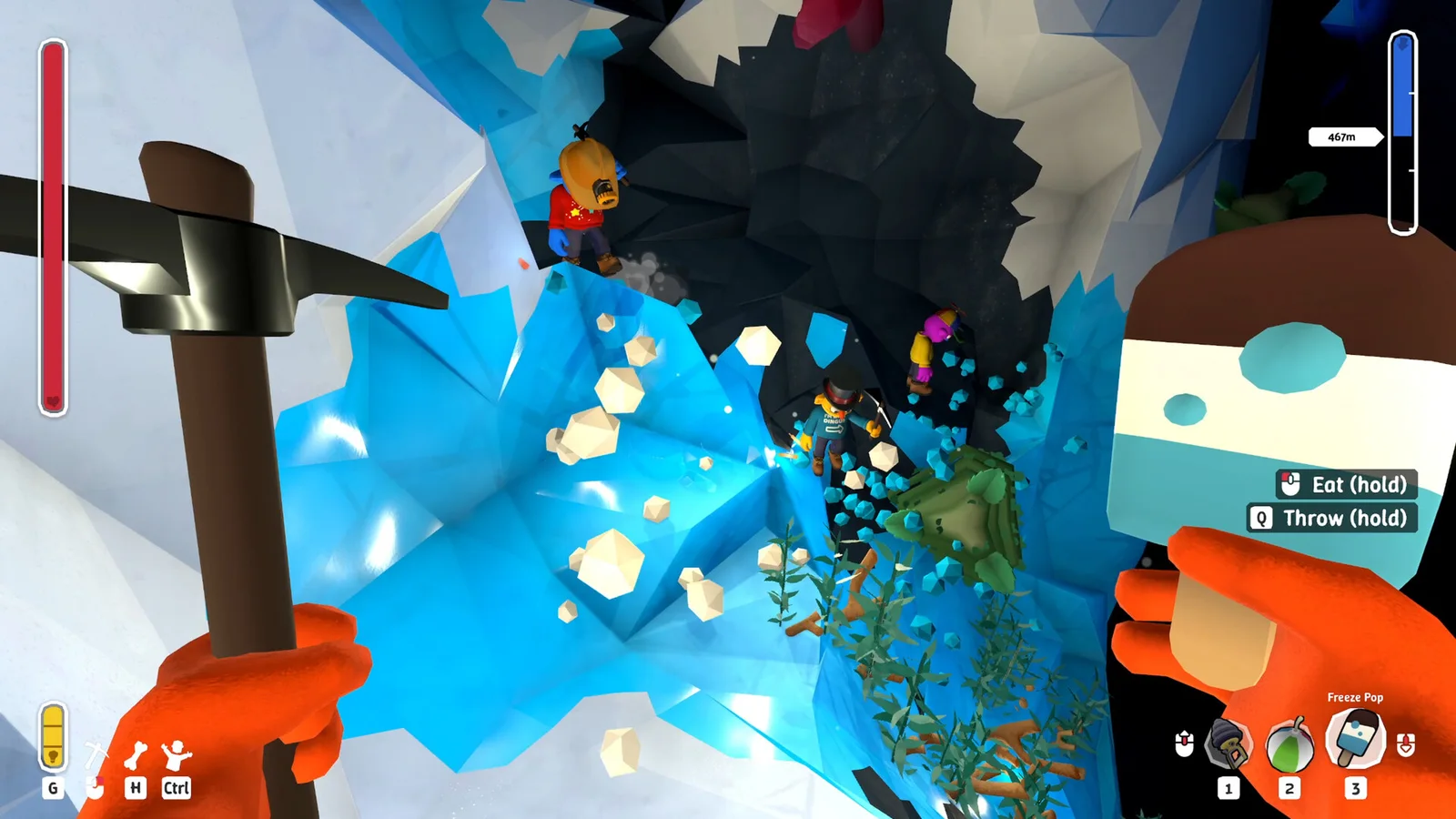 Three Pratfall characters mining through a bright blue ice cave with a green creature nearby